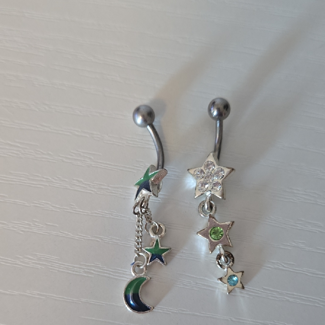 Silver Star And Moon Belly Rings Dangle Green Sparkle